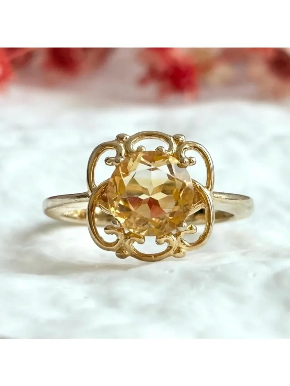 Gold Overlay Citrine Gemstone Solitaire Sterling Silver 925 Vintage Ring - sz 7